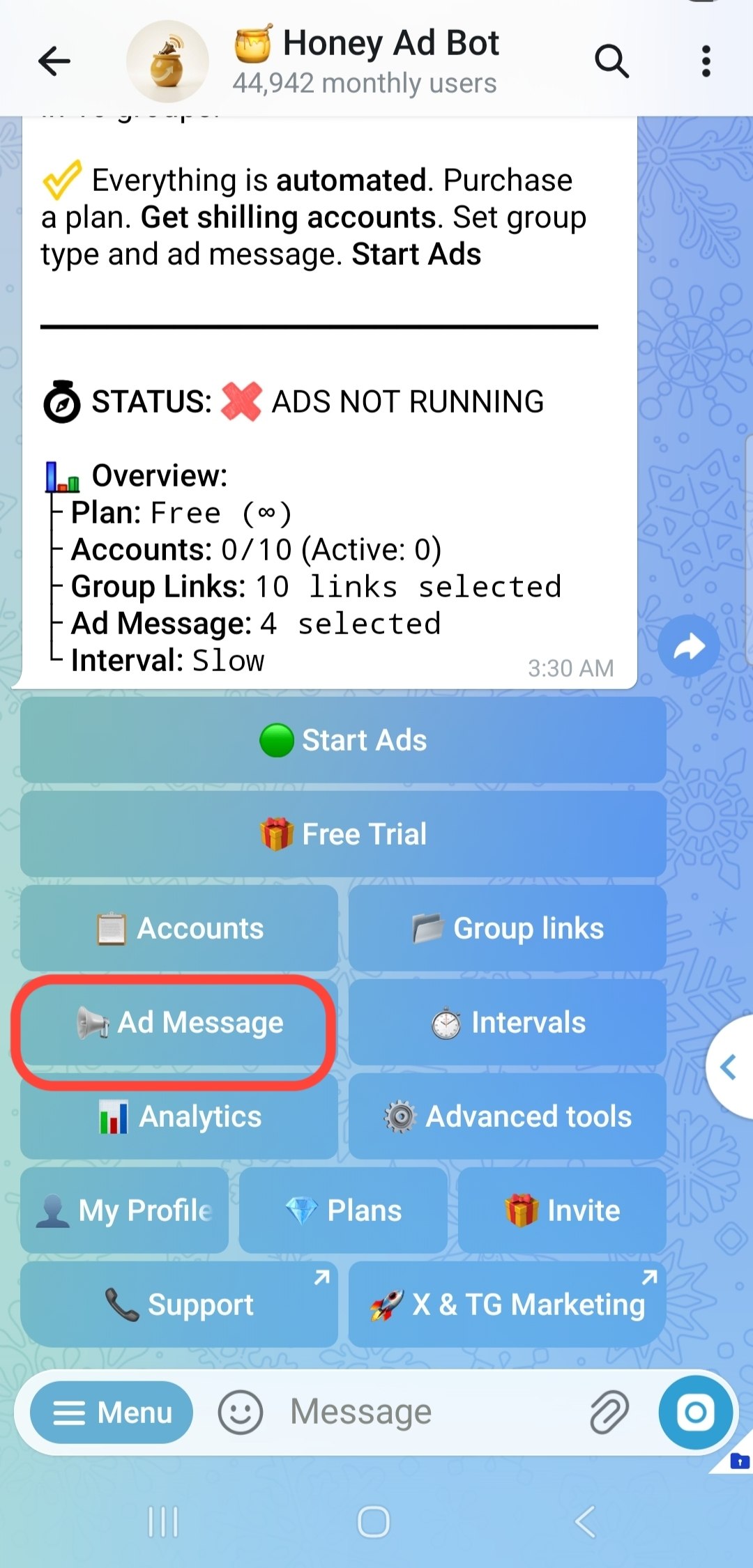 Step 1: Set your ad message in Honey AdBot