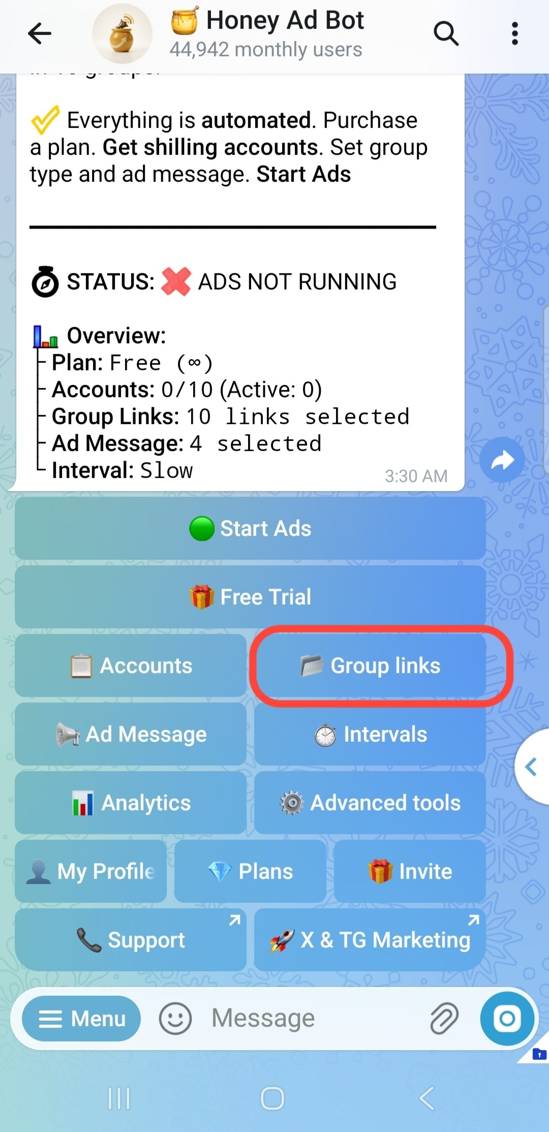 Step 2: Select Telegram groups in Honey AdBot