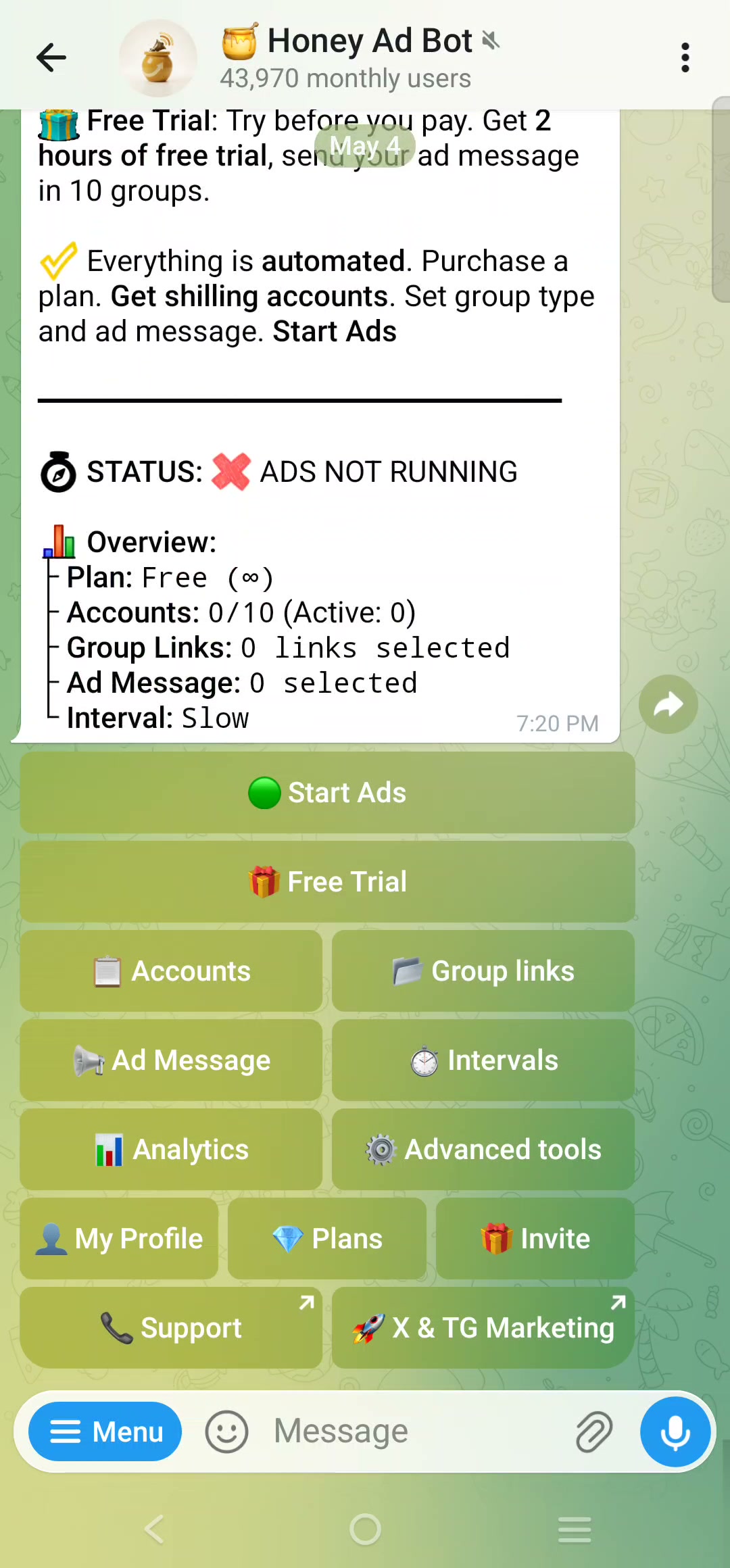 Honey AdBot Telegram interface